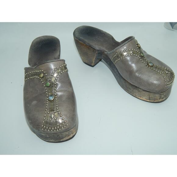 CALLEEN CORDERO Swarovski Cystal Metal Studded Gray Leather Wood Clog Size 7 - Picture 9 of 9
